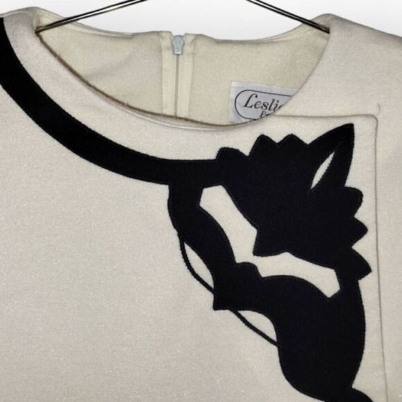 Vtg Leslie Fay Womens Top Sz 10 Cream Knit Black Velvet‎ Back Zip 60s Whimsicore - Picture 5 of 11